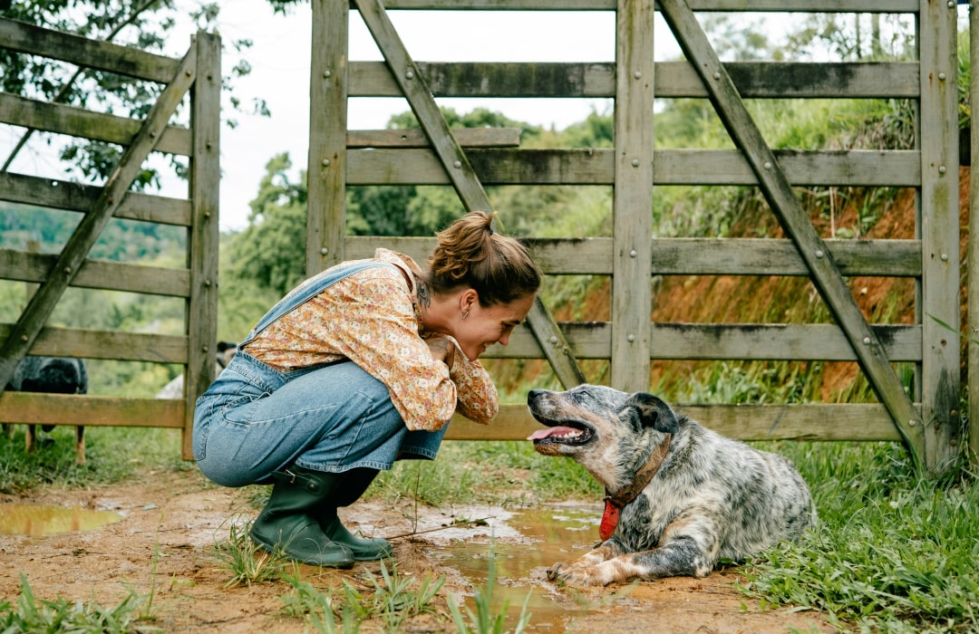 Girl playing with her dog in the farm